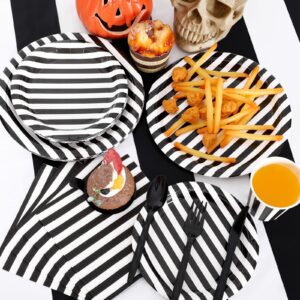 durony 113 Pieces Black and White Striped Party Supplies Table Decorations Includes Paper Napkins Cups Plates Knives Forks Spoons Tablecloth Disposable Tableware Set for Birthday Graduation Wedding