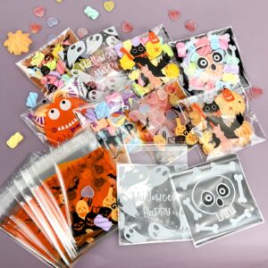 300PCS Halloween Treat Bags Sealable Halloween Cellophane Bags Individual Cookie Bags Self Adhesive Cookie Treat Bags DIY Translucent Plastic Bags for Bakery Biscuit Chocolate 3.94" x 3.94"