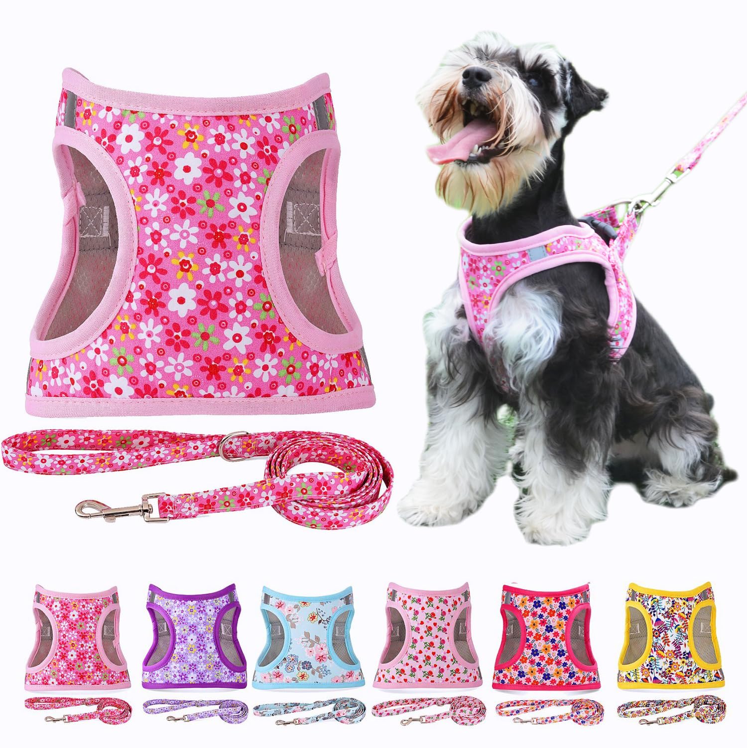 Moonpet Step in Air Dog Harness Leash Set- All Weather Reflective No-Pull Floral Pattern Padded Mesh Vest Harness for Cats Puppy Extra-Small Small Medium Large Dogs - Pink Flower - XXS