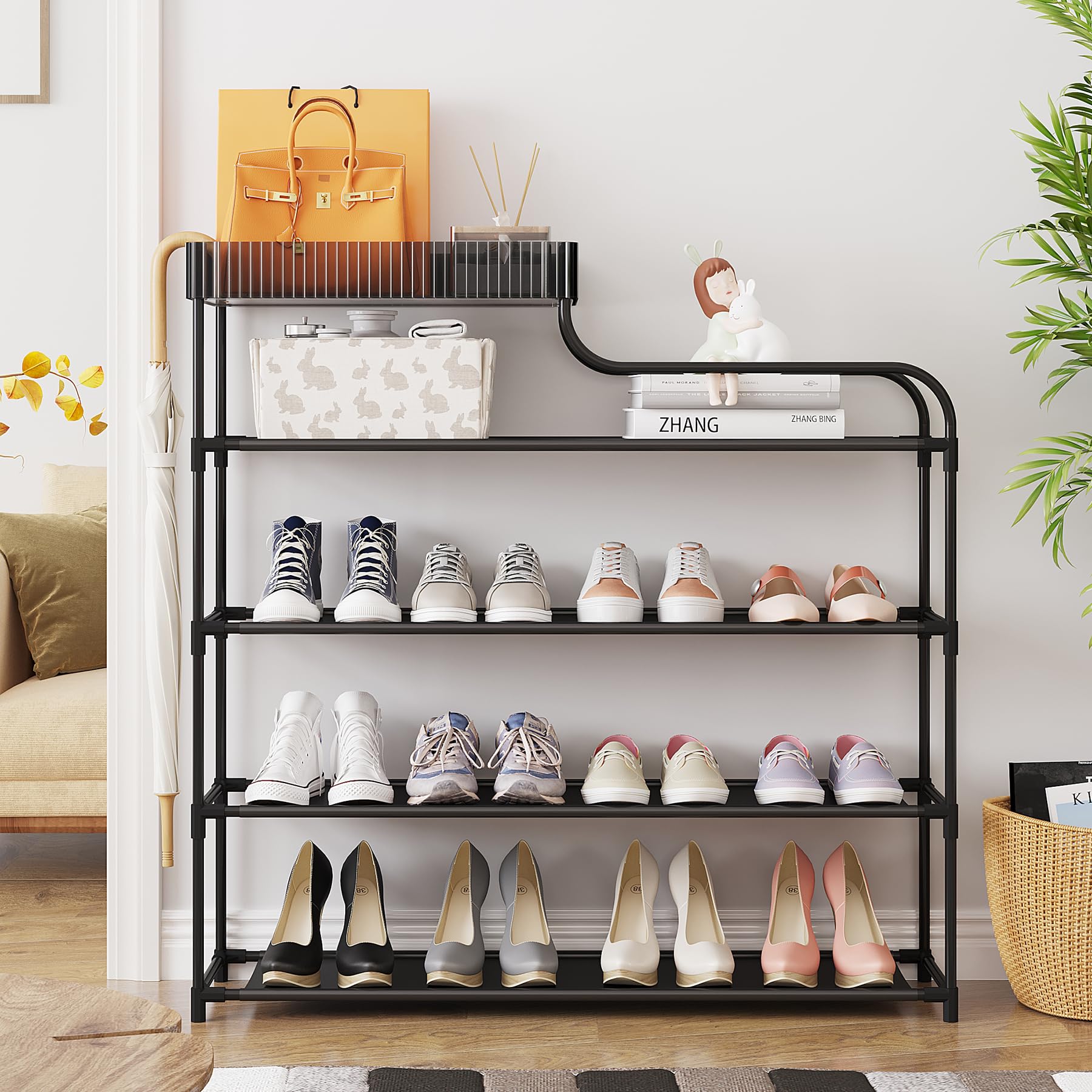 Sywhitta 4-Tier Free Standing Shoe Rack With Storage Boxes - High Capacity Organizer for Corridor, Living Room, Balcony, Bedroom