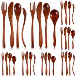 wooden forks and spoons for eating utensils set curved tailed wooden spoons wooden knives wood flatware sets travel camping kitchen eating dinner parties home (32 pieces)