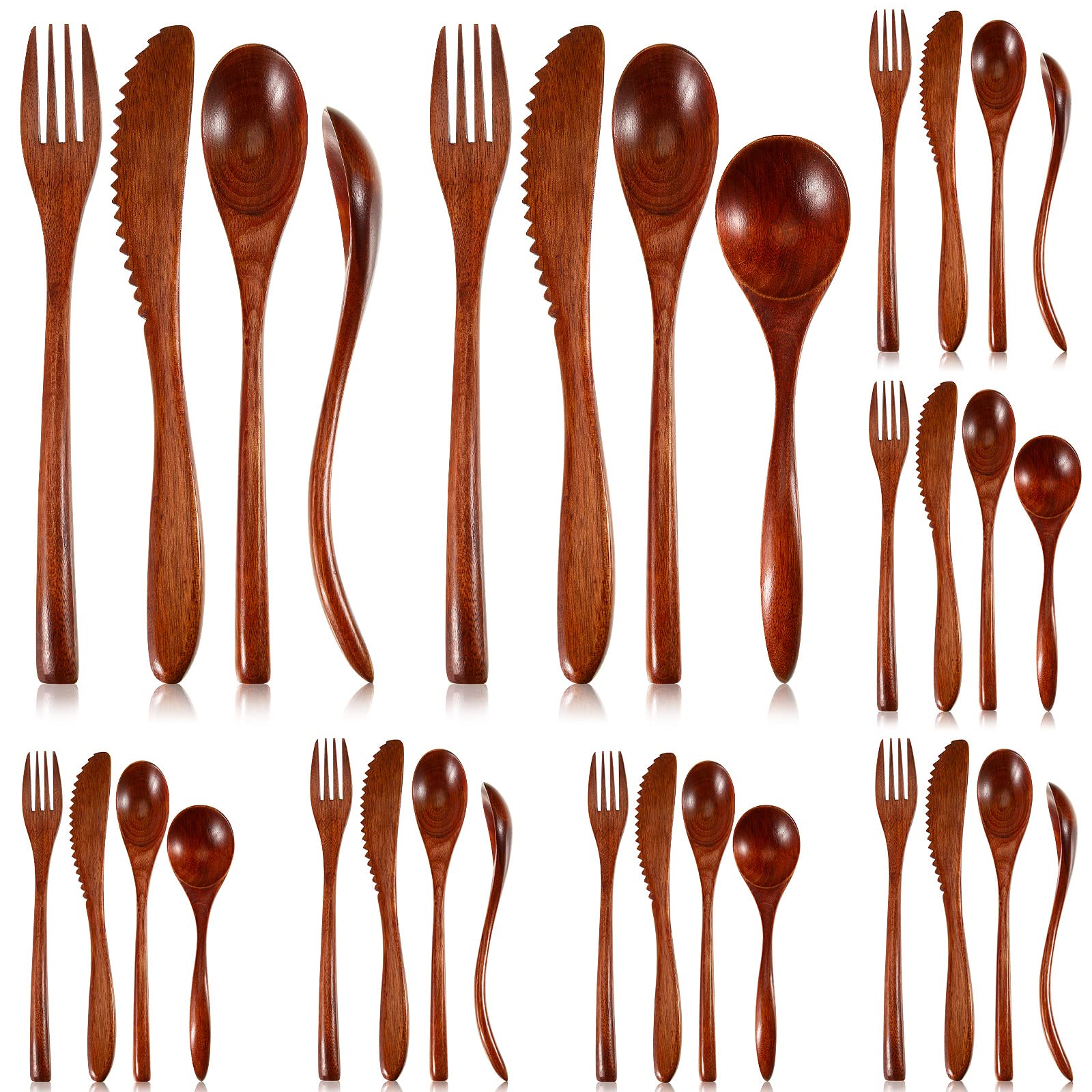 Wooden Forks and Spoons for Eating Utensils Set Curved Tailed Wooden Spoons Wooden Knives Wood Flatware Sets Travel Camping Kitchen Eating Dinner Parties Home (32 Pieces)