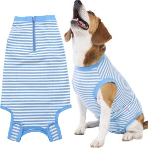 Wabdhally Dog Surgery Recovery Suit,Surgical Suit for Large Female Spay,Soft Combed Cotton,Blue Striped Zipper Onesie XL