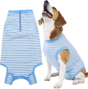 wabdhally dog surgery recovery suit,surgical suit for large female spay,soft combed cotton,blue striped zipper onesie l