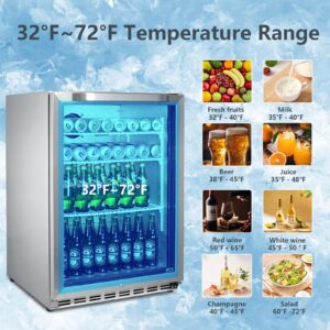 HCK 24 inch Freestanding/Built-in Beverage Cooler Refrigerator with 5.12 cu. ft. 161 cans Capacity, Undercounter refrigerators Reversible Glass Door and Stainless Steel Body for Soda Beer and Wine