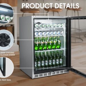 HCK 24 inch Freestanding/Built-in Beverage Cooler Refrigerator with 5.12 cu. ft. 161 cans Capacity, Undercounter refrigerators Reversible Glass Door and Stainless Steel Body for Soda Beer and Wine