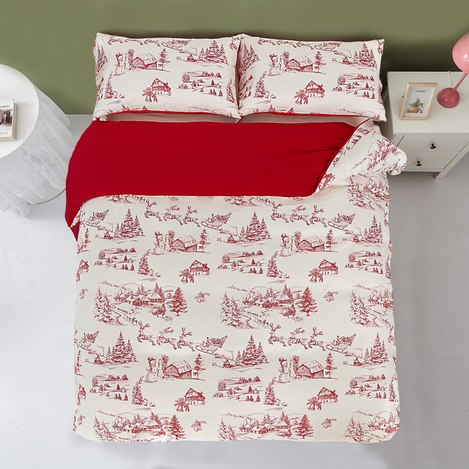 Yiran Red Christmas Duvet Cover Set with 2 Pillowcases,Cream Pink Christmas Deer Snowman Village Duvet Cover with Zipper Closure,Soft Microfiber Bedding Set Queen 90”×90”