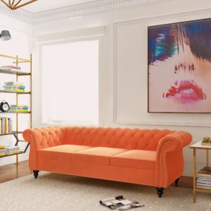 Chesterfield Sofa Velvet, Modern Tufted Couch 3 Seater with Rolled Arms and Nailhead for Living Room, Bedroom, Office, Apartment (Orange)