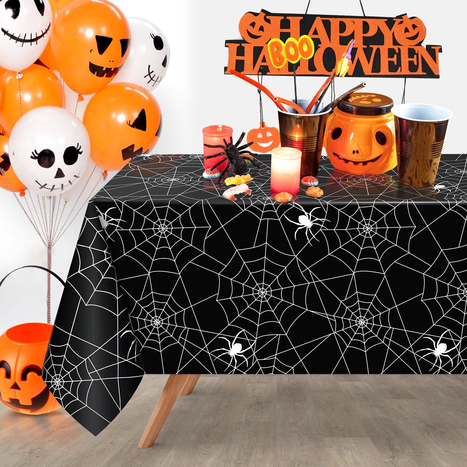 Yoochee Halloween Tablecloth Plastic, 54'' x 108'' Rectangular Waterproof Black Spider Web Halloween Table Covers, Disposable Table Cloth for Halloween Dinners & Party Decorations (Black, 1 Pack)