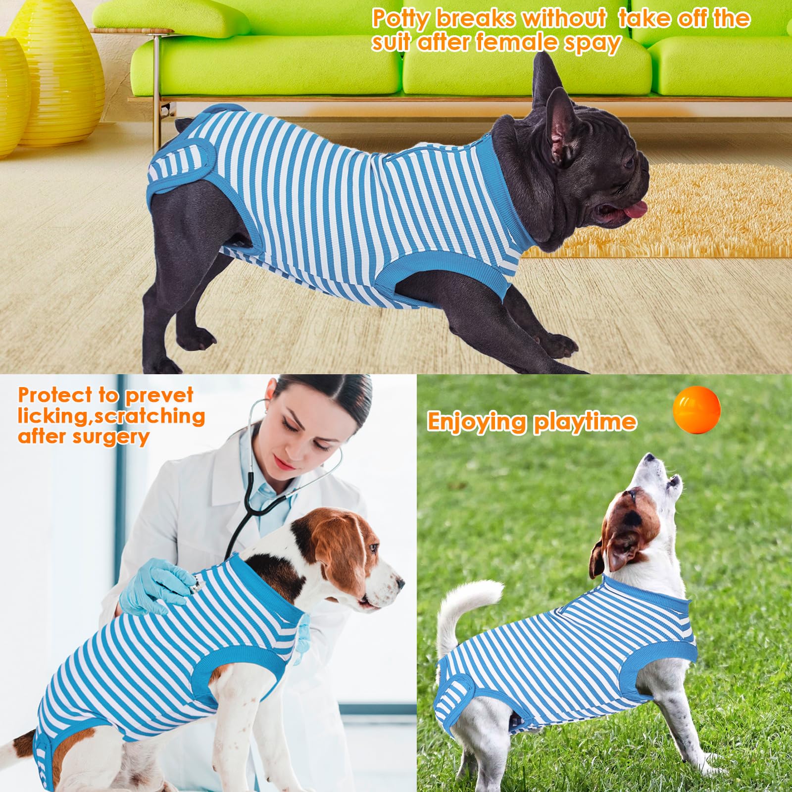 Wabdhally Dog Surgery Recovery Suit,Surgical Suit for Large Female Spay,Soft Combed Cotton,Blue Striped Zipper Onesie L