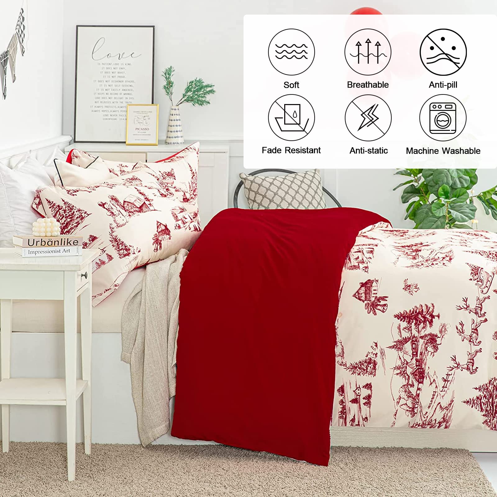 Yiran Red Christmas Duvet Cover Set with 2 Pillowcases,Cream Pink Christmas Deer Snowman Village Duvet Cover with Zipper Closure,Soft Microfiber Bedding Set Queen 90”×90”