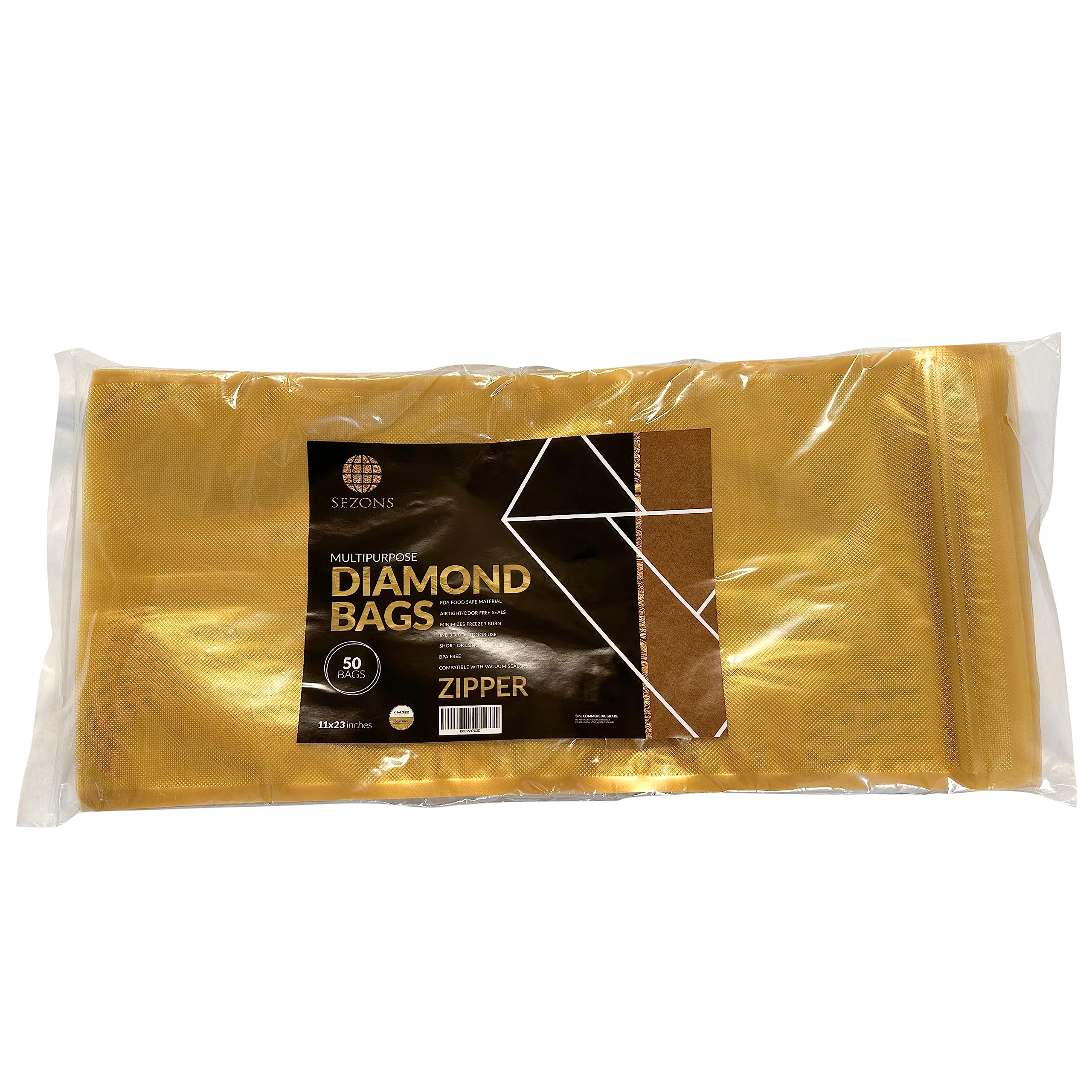 SEZONS - Diamond Bags - Vacuum Sealing bags 5mil - 50 bags (11x23, Gold/Clear ZIPPER)