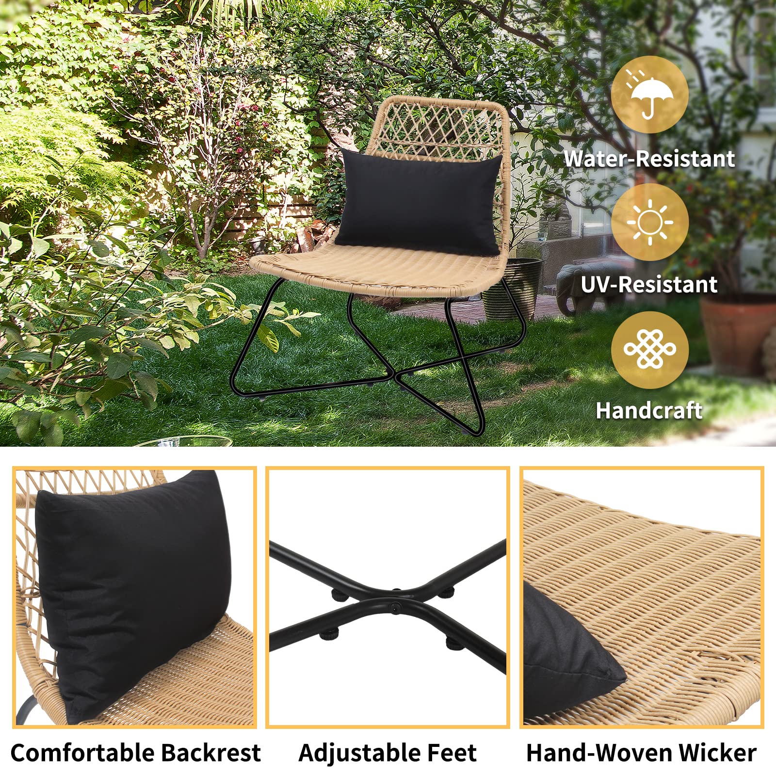 VARVIND 3-Piece Patio Bistro Set,Outdoor Wicker Conversation Bistro Sets with Side Table,Rattan Woven Rope Table Set with Lumbar Pillows,Patio Wicker Furniture for Garden,Balcony,Porch,Poolside(Black)