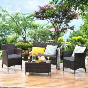 RELAX4LIFE 4-Piece Patio Furniture Set - Wicker Rattan Chairs w/Tempered Glass Coffee Table & Seat Cushions, Sofa Set for Garden Backyard Porch Balcony, Outdoor Conversation Set (Grey, 1)