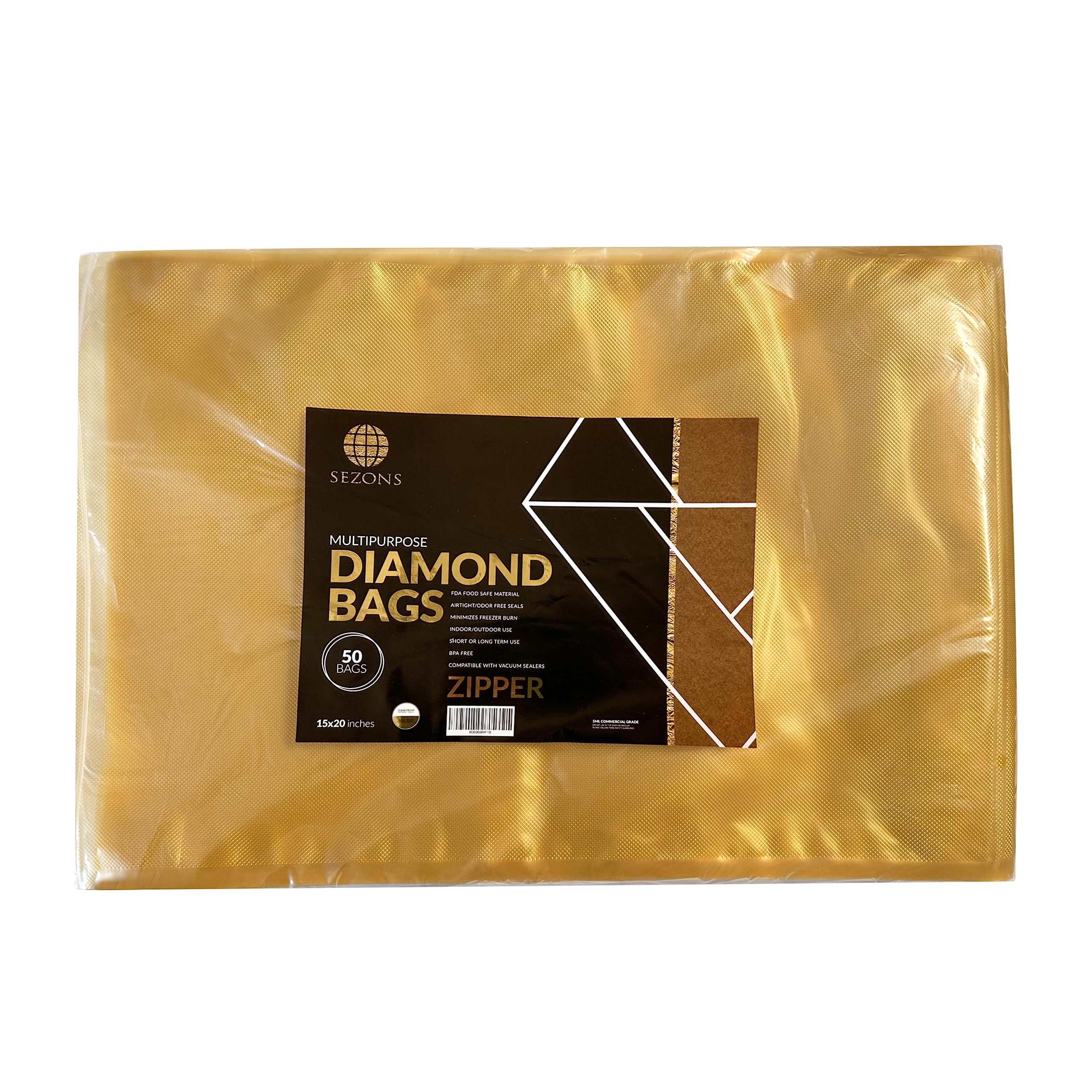 SEZONS - Diamond Bags - Vacuum Sealing bags 5mil - 50 bags (15x20, Gold/Clear ZIPPER)