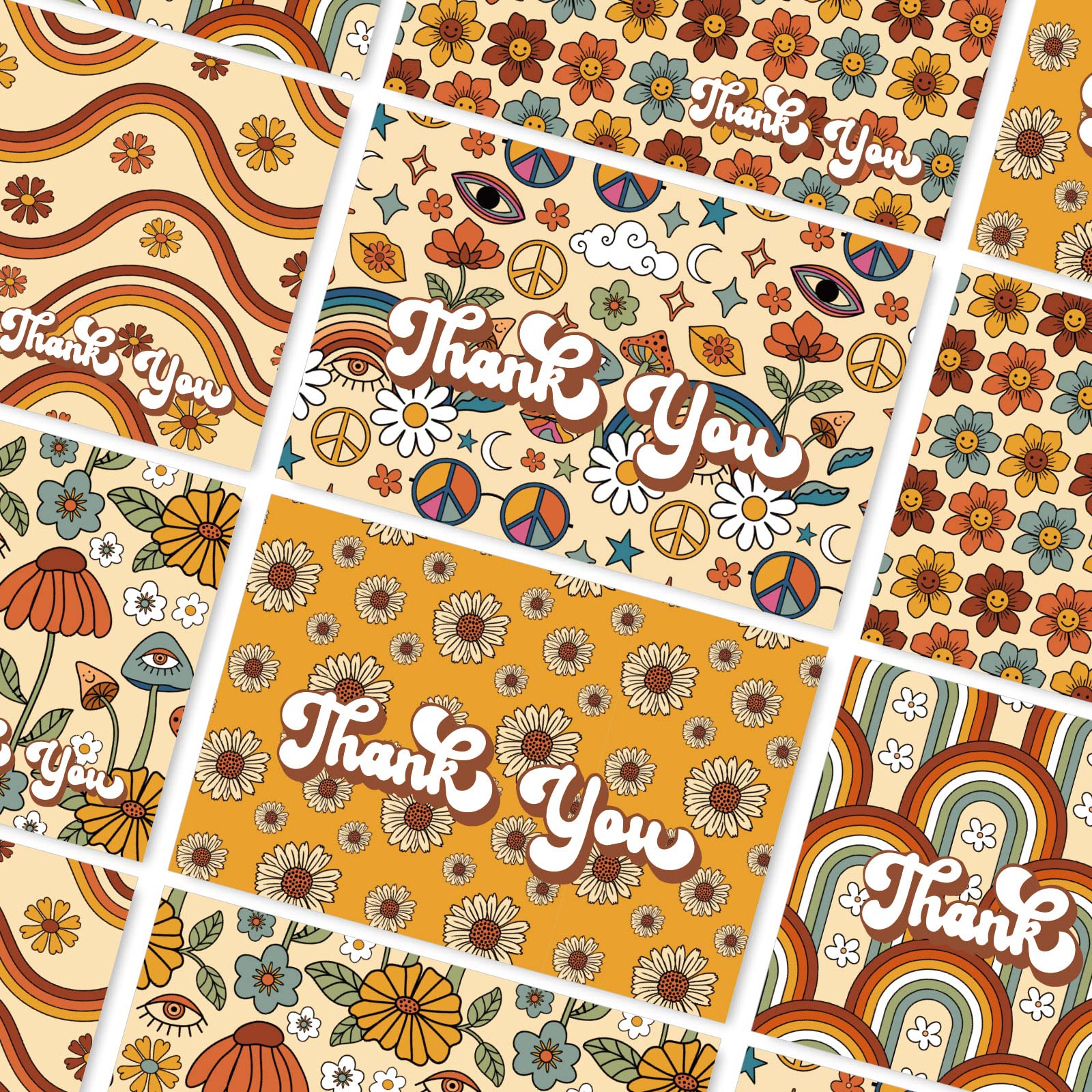 AnyDesign Retro Floral Thank You Cards Bulk 30 Pack Boho Rainbow Flower Note Cards with Matching Seal Stickers Envelopes Hippie Greeting Blank Cards for Birthday Baby Shower Bridal Party, 4 x 6 Inch