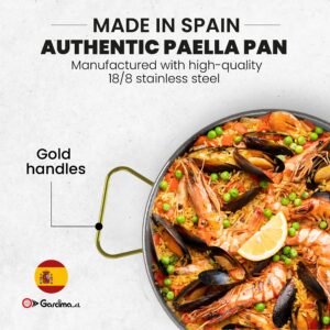 Machika Stainless Steel Paella Pan | Cooking Pan | Stainless Steel Skillet for Paella and Rice Recipes | Stainless Steel Valencian Paella Pan with Gold Handles | 4 Servings | 12 Inches |