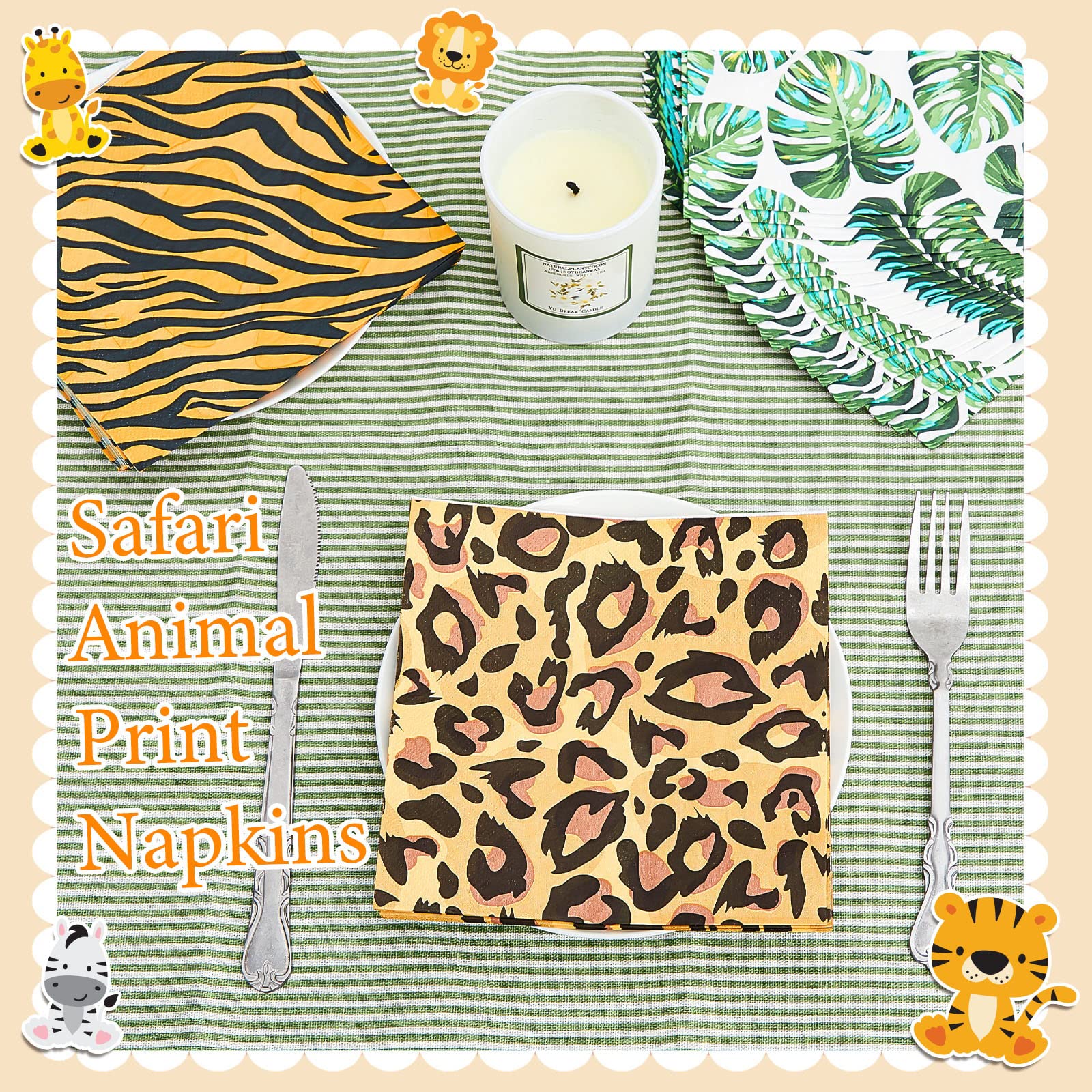 100 PIECES Jungle Safari Animal Print Party Disposable Napkins Animal Print Paper Napkins Safari Napkins Jungle Safari Themed Party Napkins for Baby Shower Party Birthday Party, 5 Styles