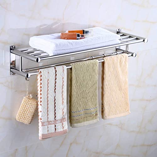 XHALERY Wall Mounted Hotel Towel Shelf Storage Holder Compatible with 4 Hooks,Bathroom/Kitchen Towel Rack Stainless Steel for for Towels, Bathrobe, Tea Towels