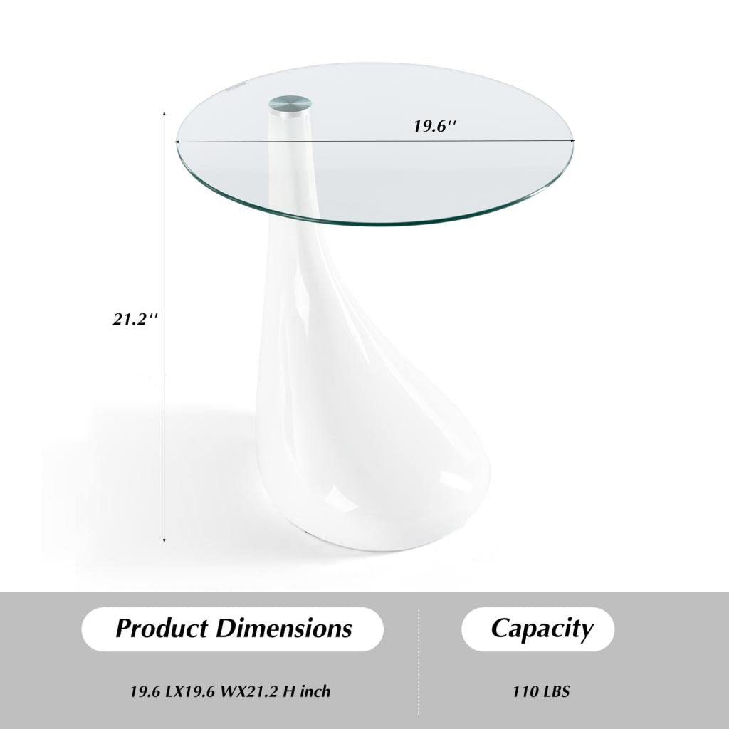 COSVALVE 21" Tall Contemporary Round Glass Coffee Table, Tempered Glass End Table for Living Room, Bed Side Table, Sofa Side Table, for Bedroom Office Meeting Room, White