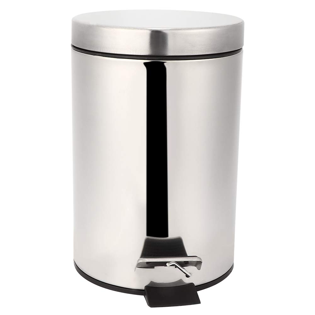 Alvinlite Stainless Steel Step Trash Can Round Small Metal Step Trash Can with Lid Soft Close Step Pedal Trash Bin Removable Inner Waste Basket for Bathroom Bedroom Office 0.8Gal/3L (Silver)