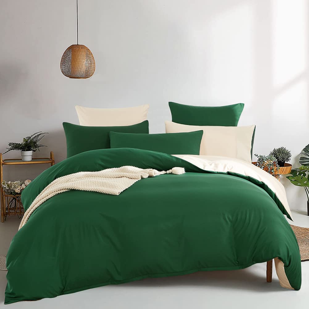 Sedefen Dark Green Duvet Cover Reversible Beige Duvet Cover Queen Size 3 Pieces Soft Microfiber Minimalilst Style Solid Colored Bedding Set with Zipper Ties Home Deco Gift Choice