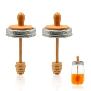 2pcs wooden mason jar honey dipper with lids set - honey dipper wooden stick for regular mouth mason jars, honey spoon honeycomb lids for regular mouth 16 oz mason, ball jars (jar is not included)