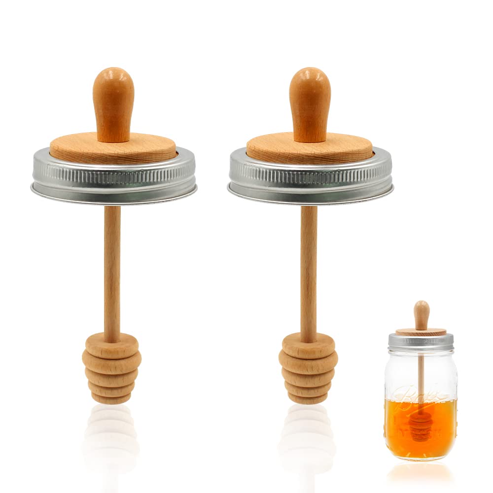 2pcs Wooden Mason Jar Honey Dipper with Lids Set - Honey Dipper Wooden Stick for Regular Mouth Mason Jars, Honey Spoon Honeycomb Lids for Regular Mouth 16 oz Mason, Ball Jars (Jar is not included)