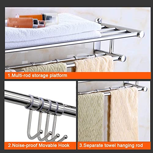 XHALERY Wall Mounted Hotel Towel Shelf Storage Holder Compatible with 4 Hooks,Bathroom/Kitchen Towel Rack Stainless Steel for for Towels, Bathrobe, Tea Towels