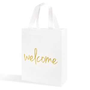 crisky reuseable white gold welcome bags for wedding birthday party, 25 counts medium size eco-friendly non-woven guest gift bags, 11x4x9 inches