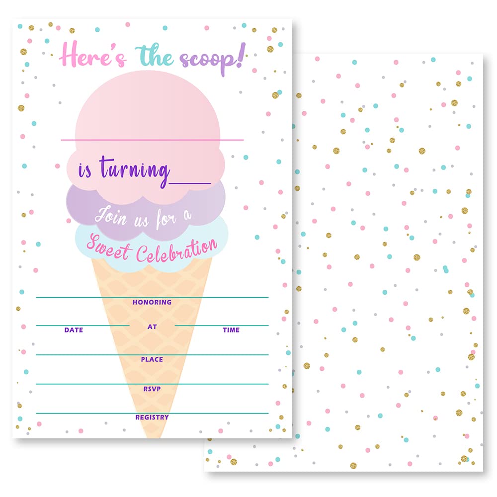 Grace Yonks Ice Cream Birthday Invitation, 20 Invitations and Envelopes, Birthday party Invitations, Birthday Party Supplies.(041)