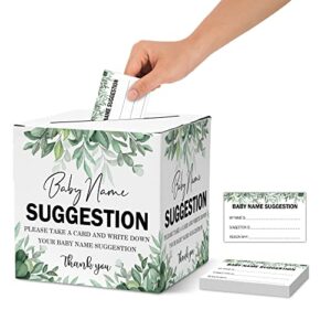 name suggestion tickets for baby shower, greenery themed baby shower card box and advice cards, party games decorations supplies, 1 name suggestion card collection box & 50 cards (bb028-hezi）