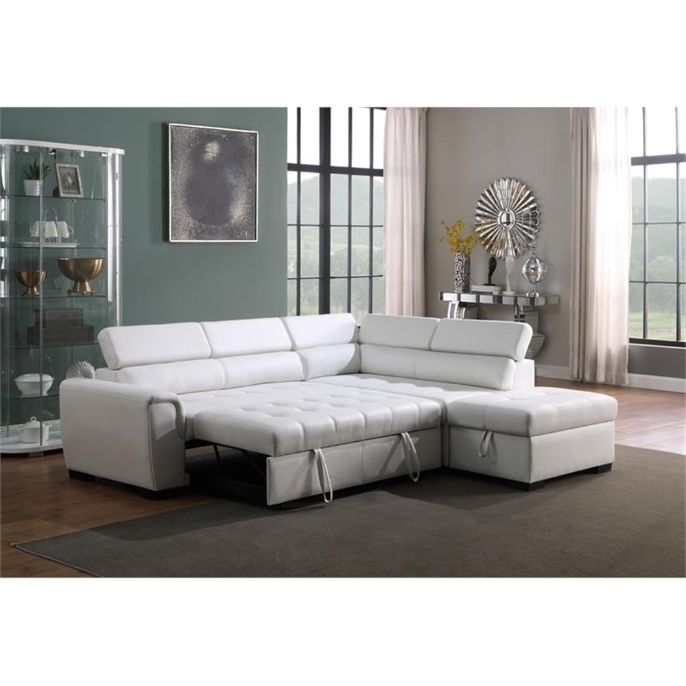 Infini Right Sided Faux Leather Sleeper Sofa with Storage Ottoman in White