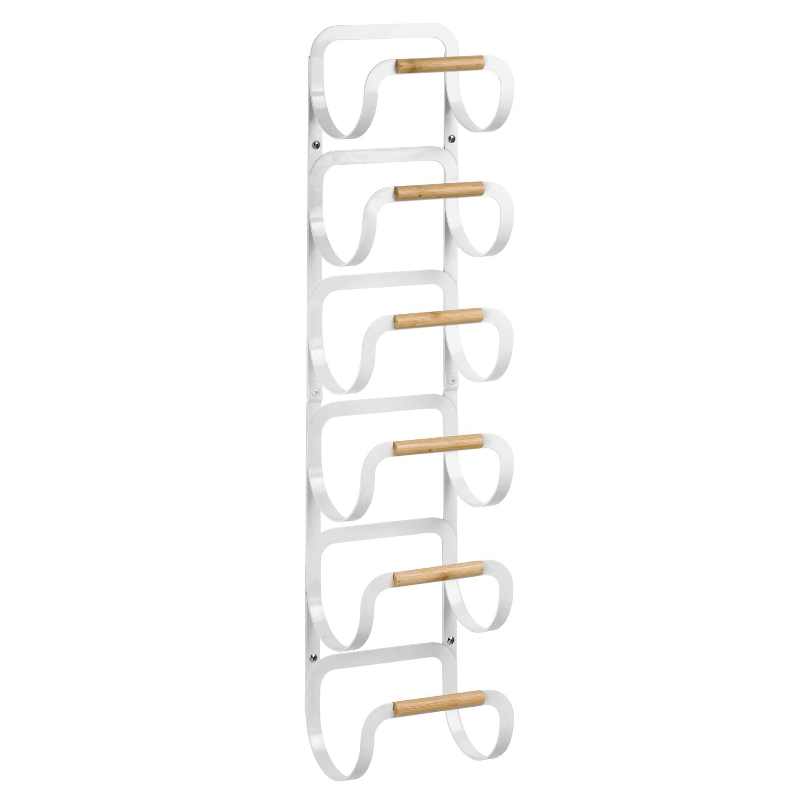 mDesign Wall Mount Towel Storage Rack for Bathroom - 6-Tier Hanging Organizer Mounted Holder Shelf for Multiple Bath Towels or Robes - Steel Metal and Wood - Yami Collection - Matte White/Natural