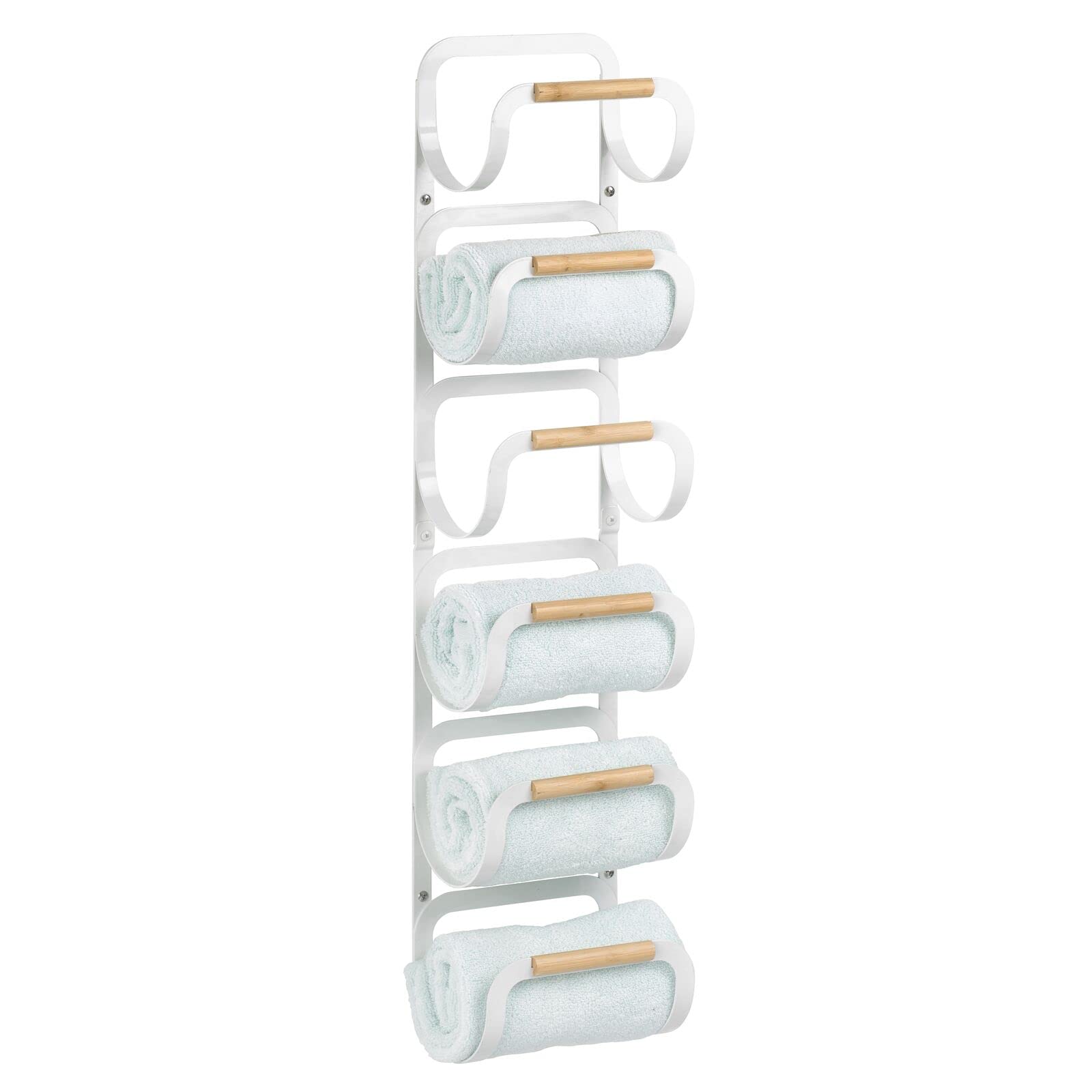 mDesign Wall Mount Towel Storage Rack for Bathroom - 6-Tier Hanging Organizer Mounted Holder Shelf for Multiple Bath Towels or Robes - Steel Metal and Wood - Yami Collection - Matte White/Natural