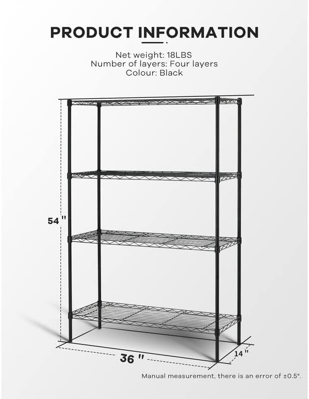 4-Tier Storage Shelves Adjustable,Wire Shelving Heavy Duty Storage Rack(250 Lbs Loading Capacity/Shelf) Metal Shelf Organizer Wire Rack Shelf for Pantry Garage Kitchen 36" D x14 W x 54" H -Black