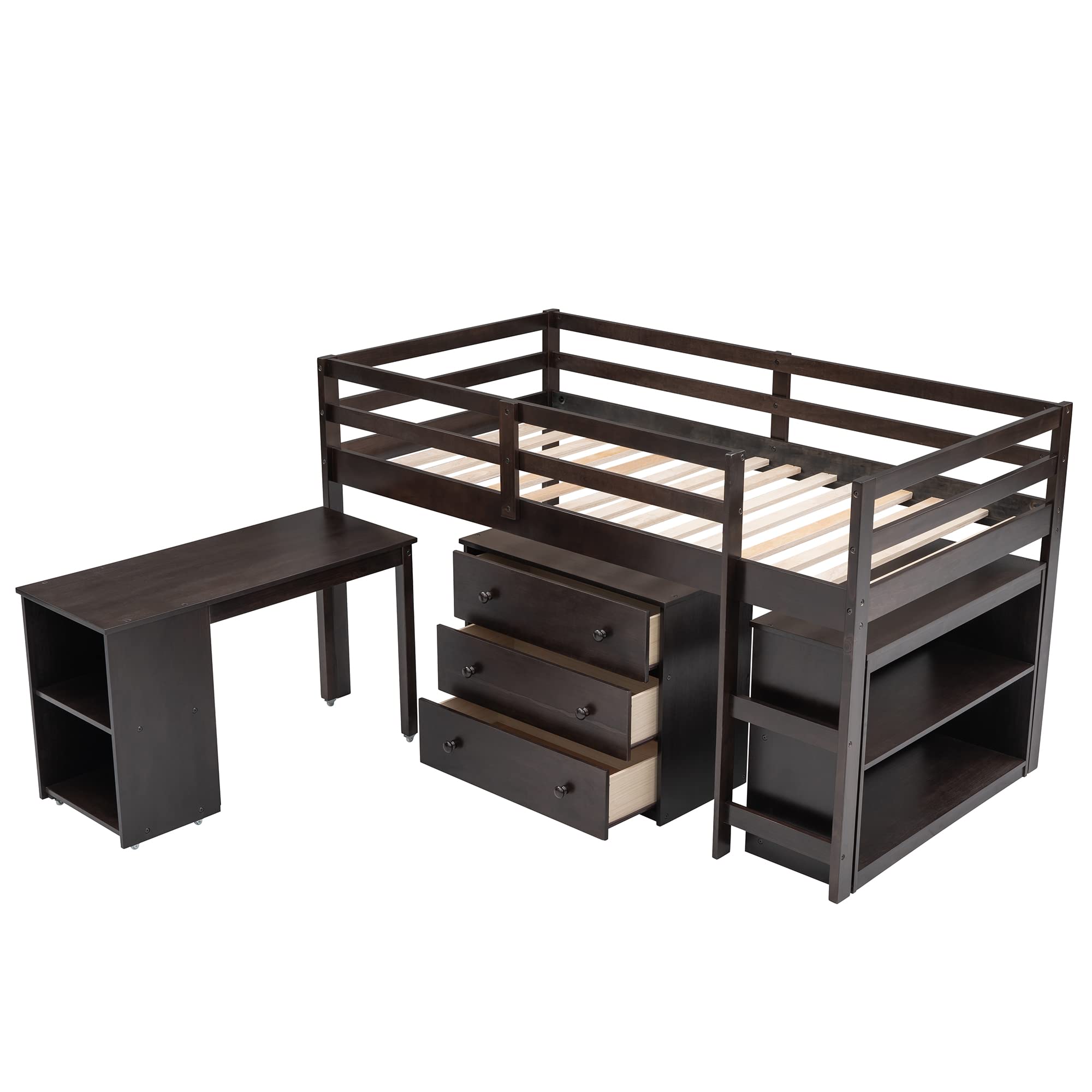 CITYLIGHT Twin Size Loft Bed with Desk, Low Study Twin Loft Bed Frame, with Cabinet and Rolling Portable Desk, Low Twin Loft Bed for Kids and Teens (Espresso)