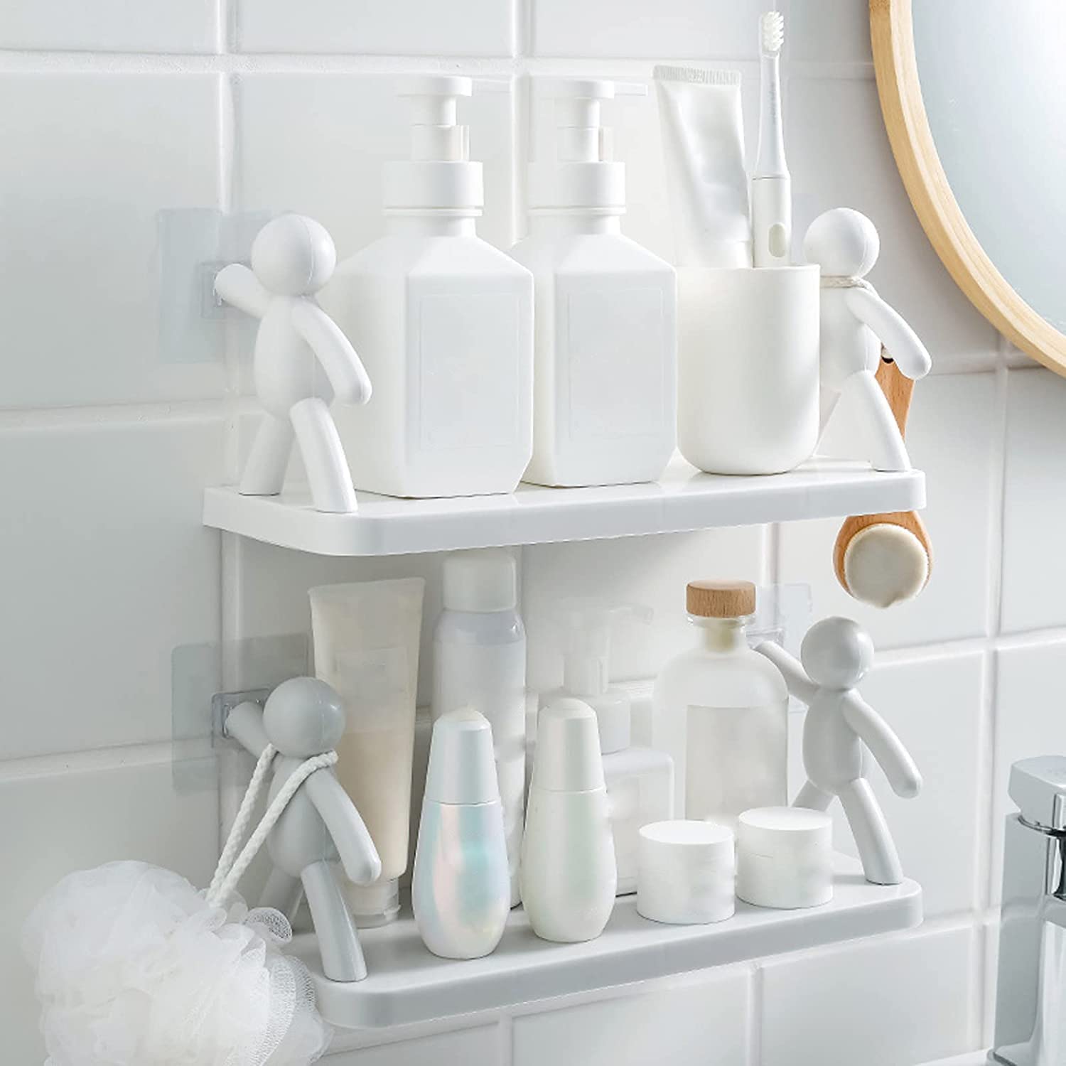 The Kitchen Toilet Receive Shelf - Floating Shelves Bathroom Wall Mounted Shelf,Villain Wall Hanging Rack Punching-Free Humanoid Storage Shelf,Punching-Free Bathroom Storage Rack (3 pcs, White)