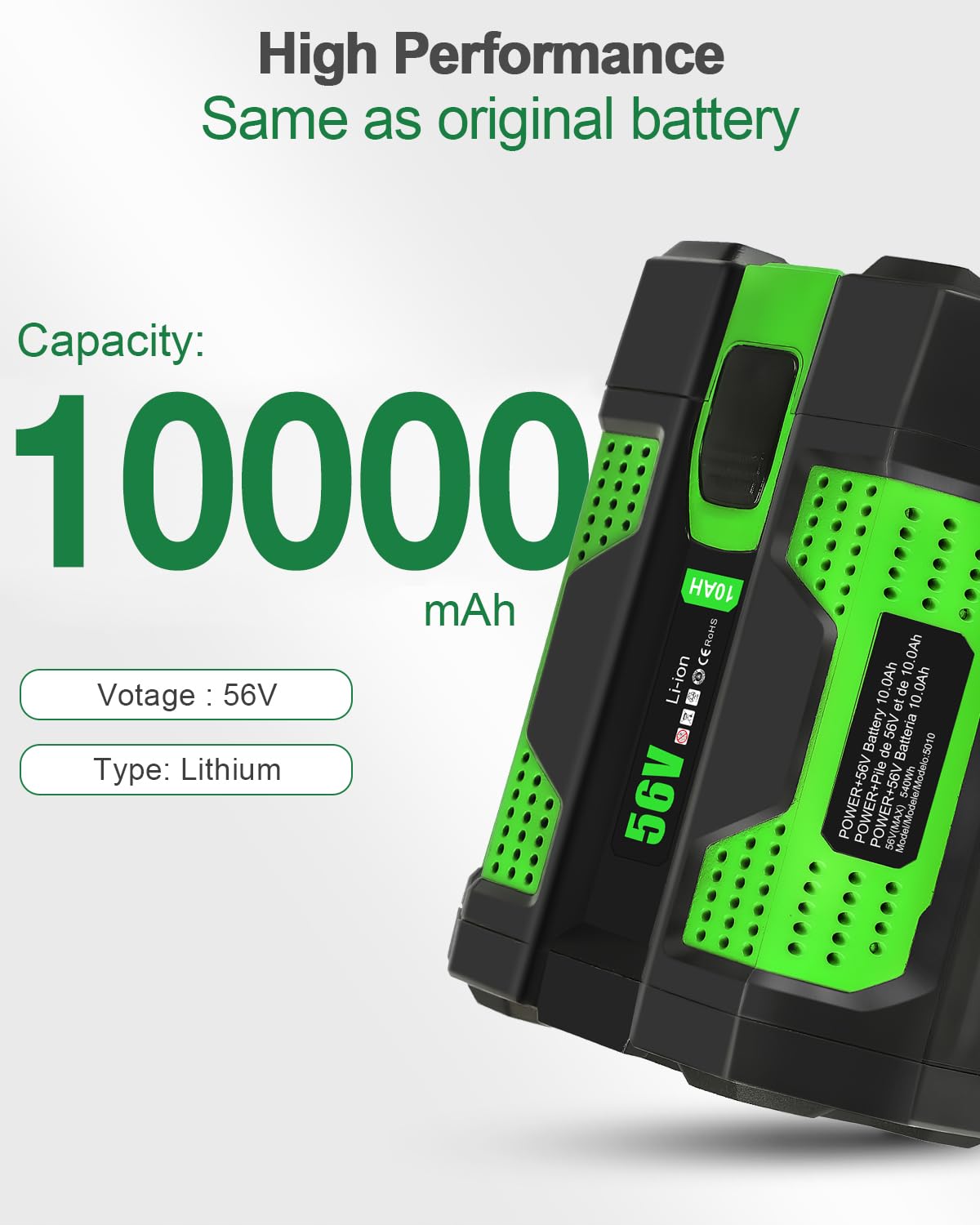 Aoasur 10.0Ah Battery Replacement for EGO 56V Battery （10.0AH-Green）