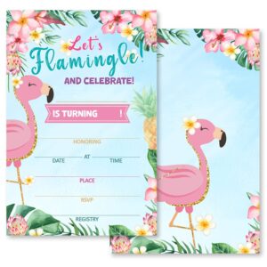 grace yonks flamingo birthday party invitation, flamingo theme party, 20 invitations and envelopes, birthday party invitations, birthday party supplies.(029)