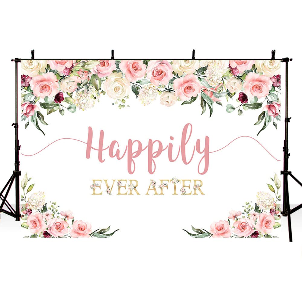 AIBIIN 7x5ft Happily Ever After Backdrop for Wedding Pink Rose Gold Flowers Photography Background Wedding Bridal Shower Party Decorations Banner Photo Booth Props