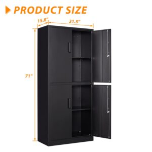 Anxxsu Metal Storage Locking Cabinet, 71" Tall Metal Cabinet with 4 Doors and 2 Adjustable Shelves, Locking Steel Cabinet for Home, School, Office, Gym, Garage Storage (Black)