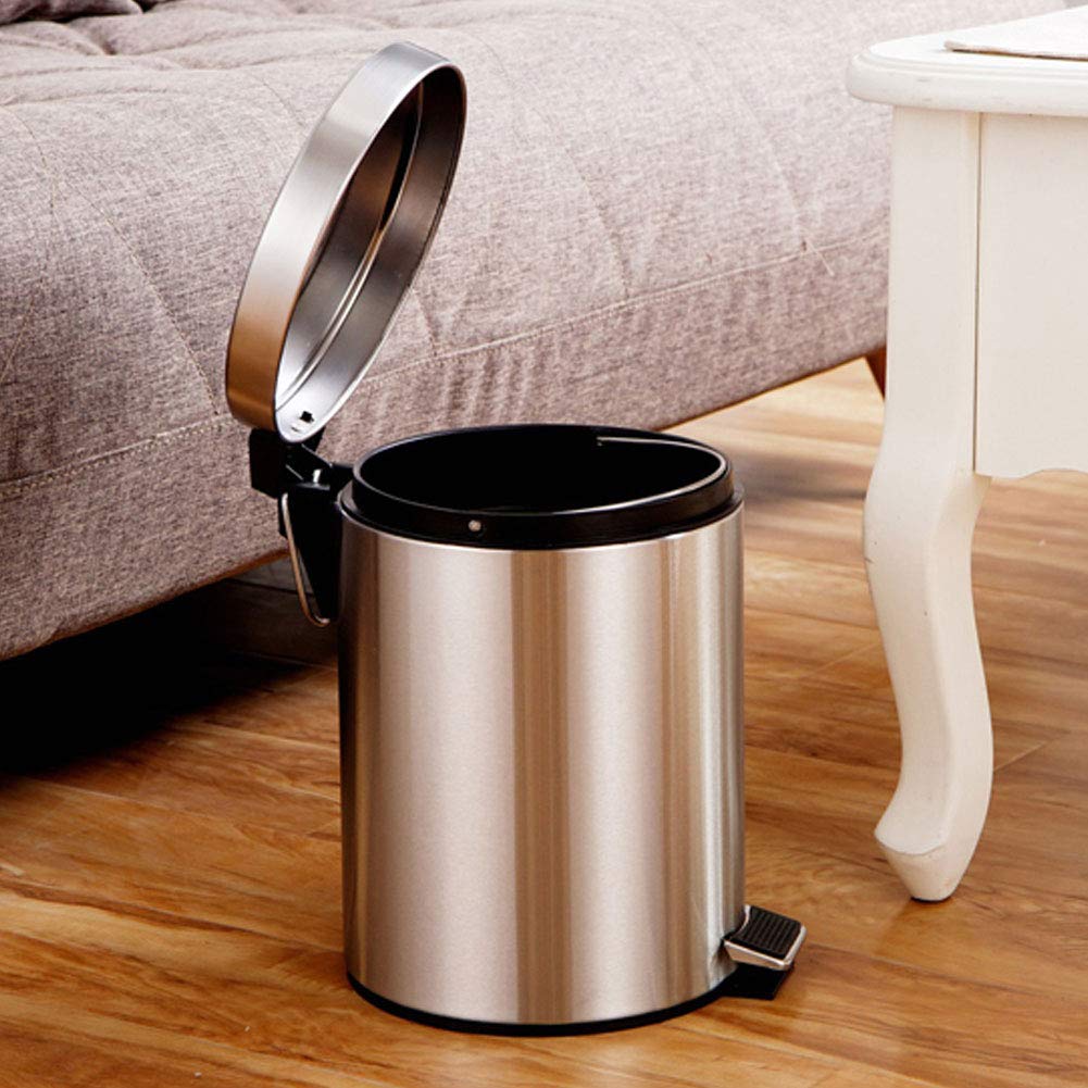 Alvinlite Stainless Steel Step Trash Can Round Small Metal Step Trash Can with Lid Soft Close Step Pedal Trash Bin Removable Inner Waste Basket for Bathroom Bedroom Office 0.8Gal/3L (Silver)