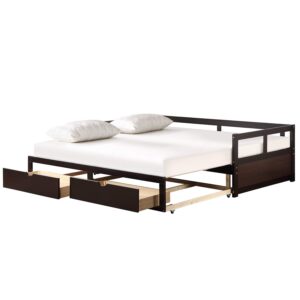 extendable daybed with trundle bed and two storage drawers, wooden storage daybed, twin to king design extending bed for kids teens adult, no box spring required (espresso)