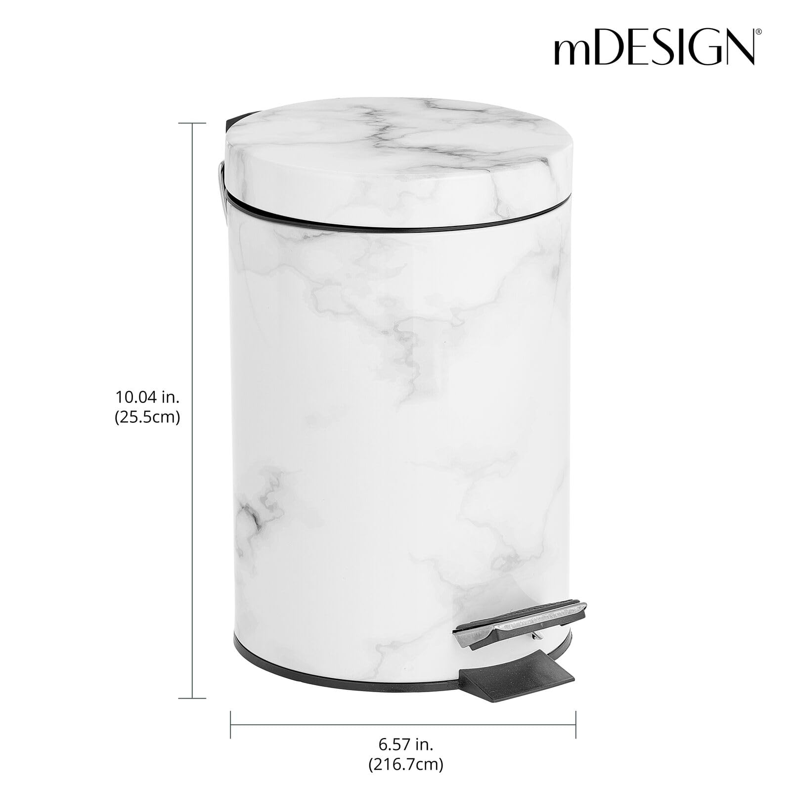 mDesign Extra Small Modern 3-Liter/.7 Gallon Round Metal Lidded Step Trash Can, Compact Garbage Bin with Removable Liner Bucket and Handle for Bathroom, Kitchen, Office, Garage - White Marble Print