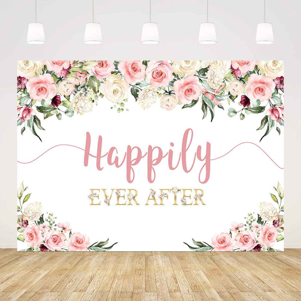 AIBIIN 7x5ft Happily Ever After Backdrop for Wedding Pink Rose Gold Flowers Photography Background Wedding Bridal Shower Party Decorations Banner Photo Booth Props