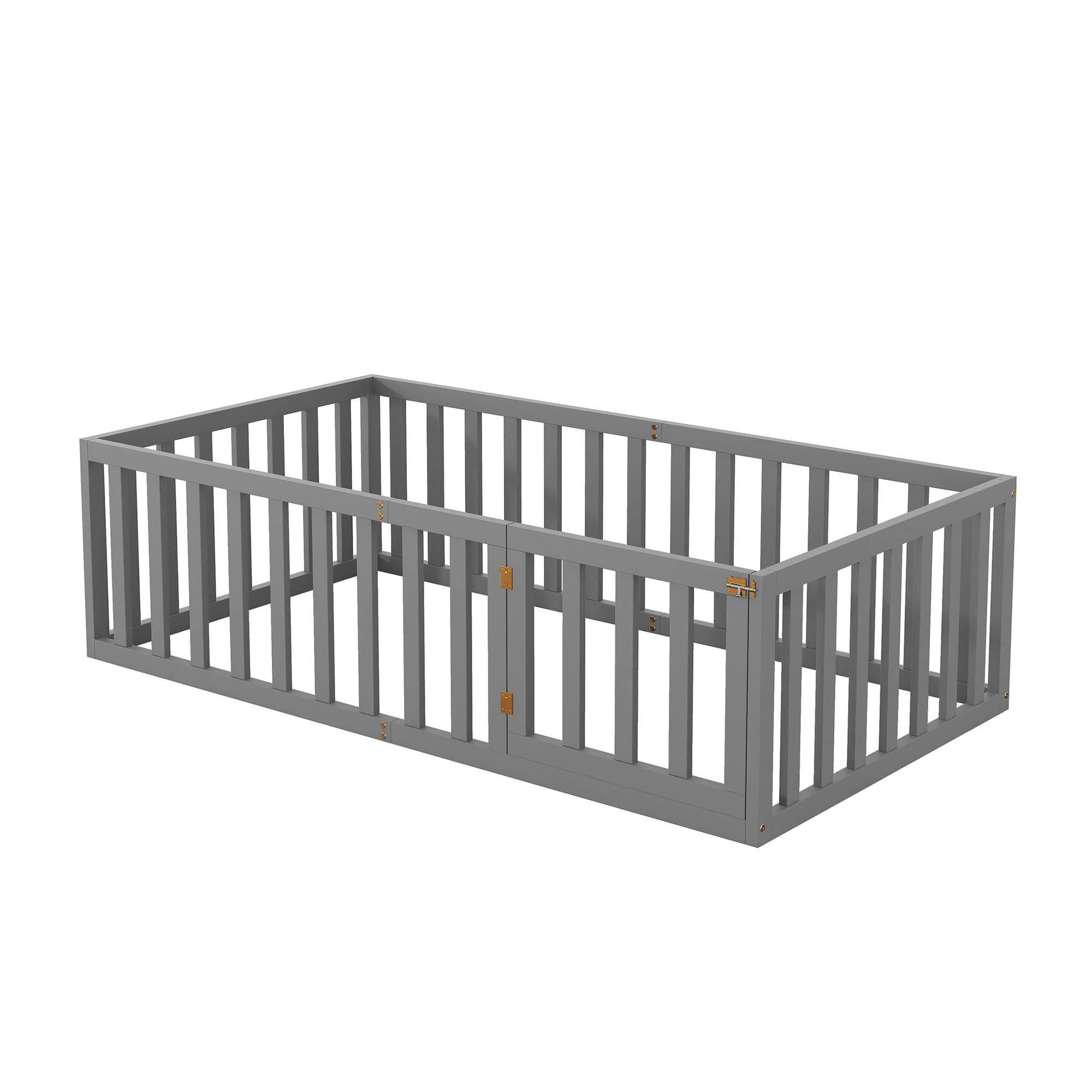 LZ LEISURE ZONE Twin Size Daybed Frame with Fence, Solid Wood Floor Bed Frame for Kids with Door, Twin Platform Bed for Boys and Girls, Gray