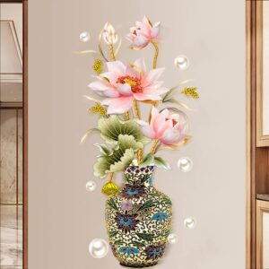 Dechom Chinese Style Lotus Flower Classical Vase Wall Sticker Pearl Living Room Art Wall Decals Home Entrance Backdrop Decoration