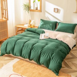 Sedefen Dark Green Duvet Cover Reversible Beige Duvet Cover Queen Size 3 Pieces Soft Microfiber Minimalilst Style Solid Colored Bedding Set with Zipper Ties Home Deco Gift Choice