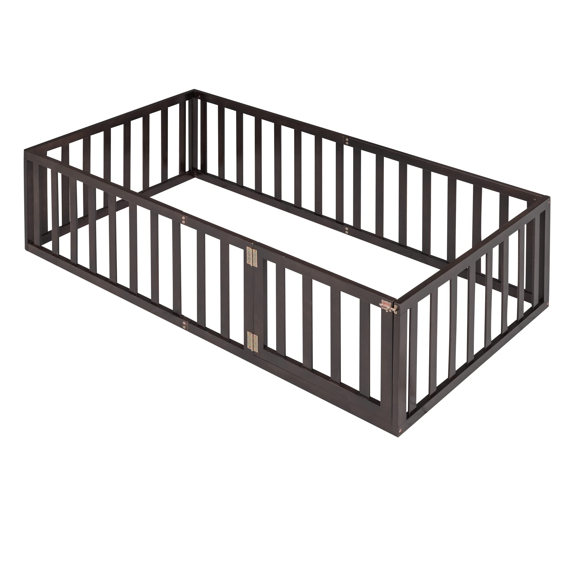 LZ LEISURE ZONE Twin Size Platform Bed with Fence, Solid Wood Floor Bed Frame with Door, Twin Size Daybed Fram, Espresso